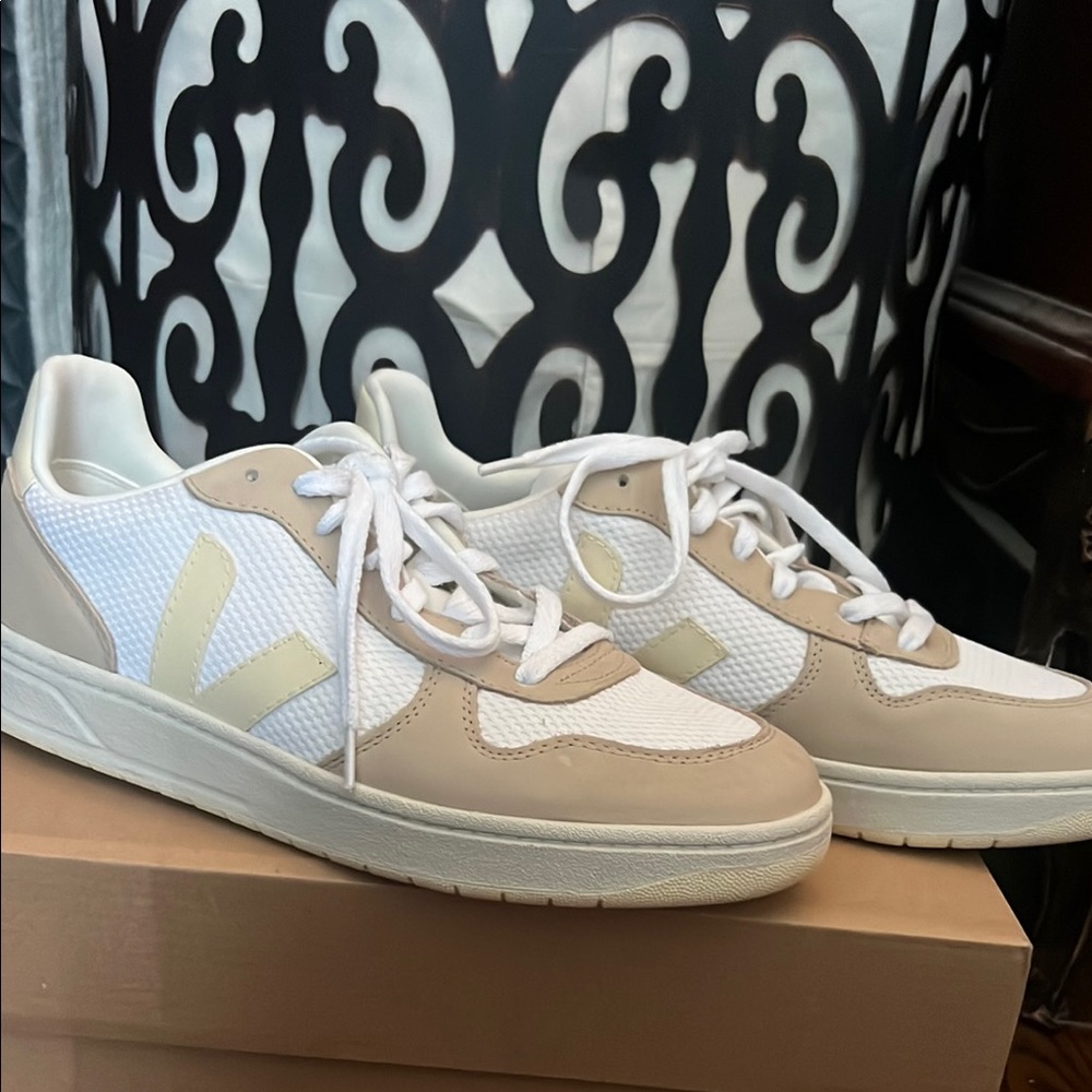 Veja White and Tan Sneakers